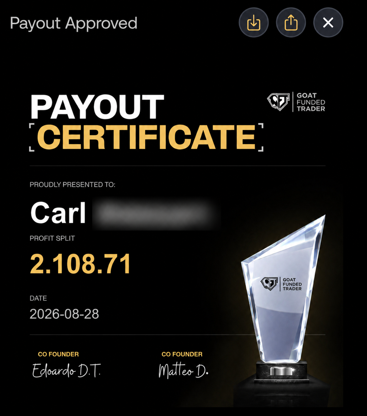 Funded payout certificate screenshot
